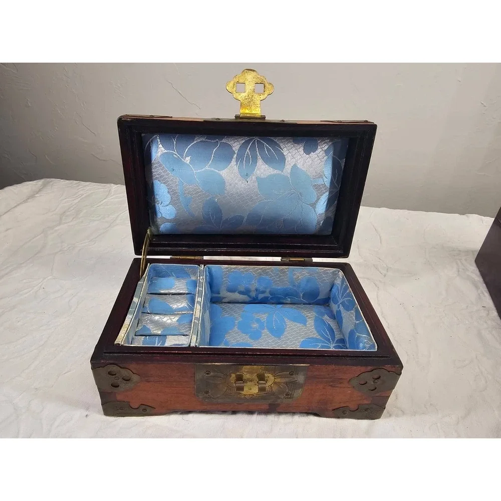 Vintage Wood Brass‎ Jade Jewelry Box Carved Jade Inlay Shanghai green Silk